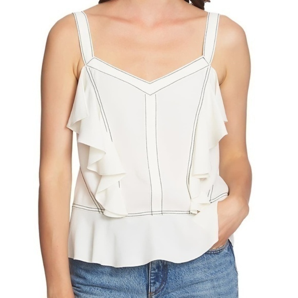 1. State Ruffle Contrast Stitch White Camisole Size Large